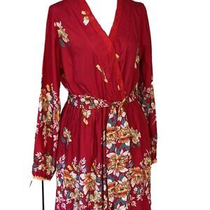 Susanne Betro Floral Long Sleeve V-Neck Tie Waist Faux Wrap Dress Size Large